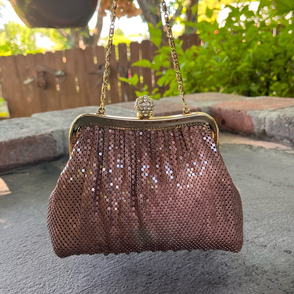 Kate Landry Mesh Rose Gold Frame Clutch with Jeweled Kiss Lock